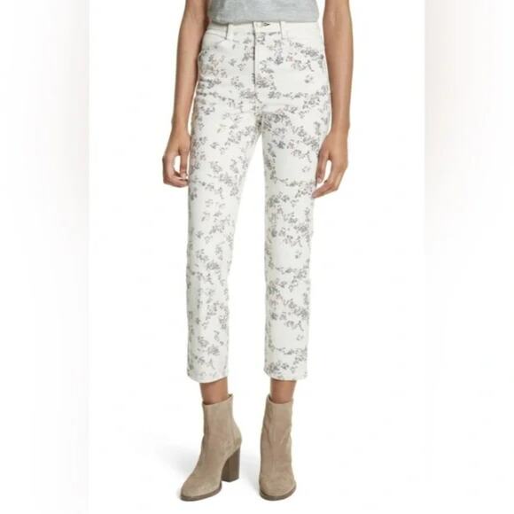 Rag & Bone Ellie Micro Floral Straight Leg Cropped Jeans Ivory Mid Rise Size 24 - Picture 1 of 13